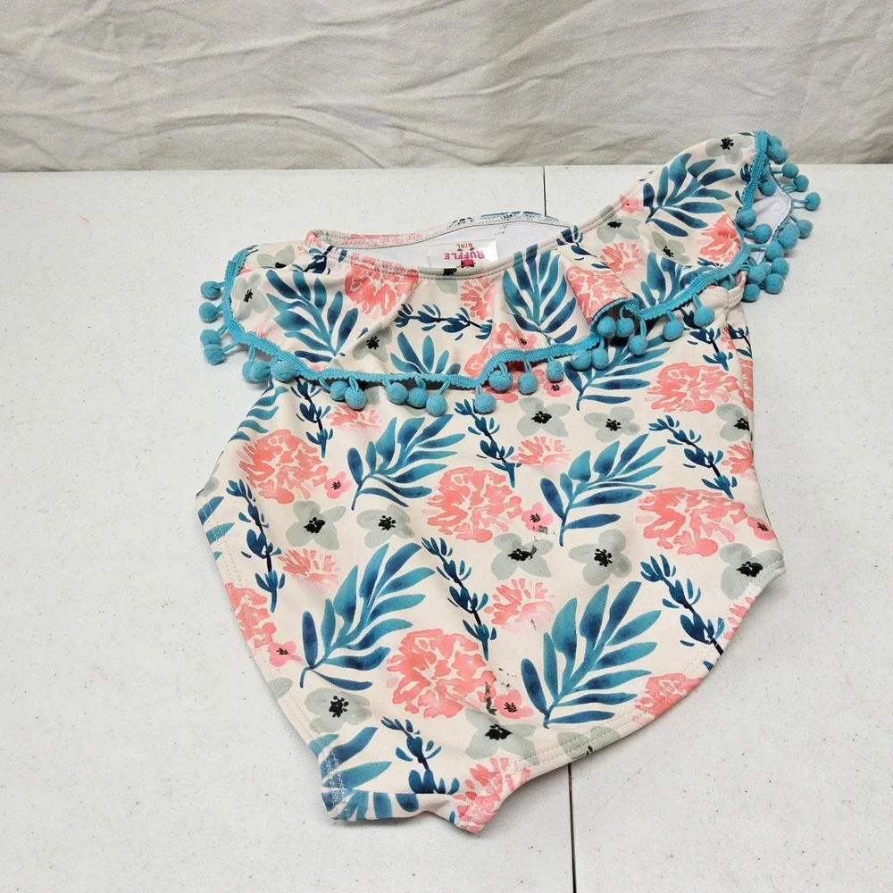 Ruffle Girl One Piece Swimsuit Kids XXL Cream Pink‎ Floral Pom Pom One Shoulder